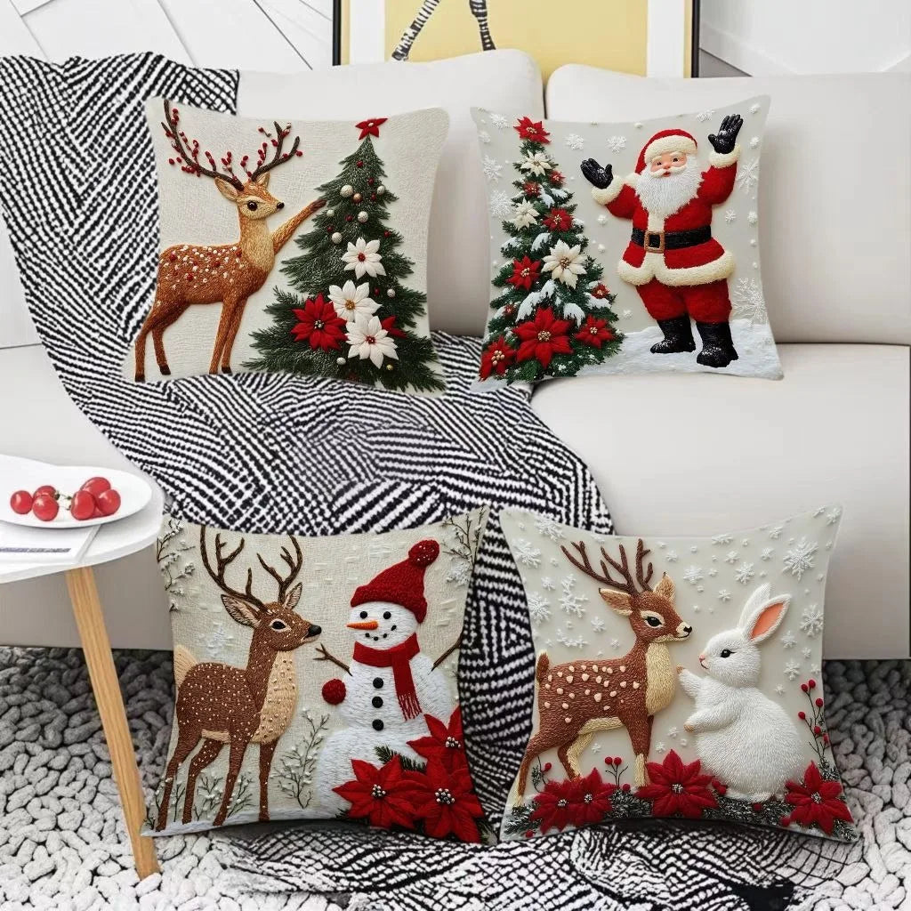 45x45 cm Weihnachts Kissenbezug – Cartoon Elk, Weihnachtsmann, Schneemann & Tannenbaum | Festliche Deko für Weihnachten 2025 & Neujahr 2026