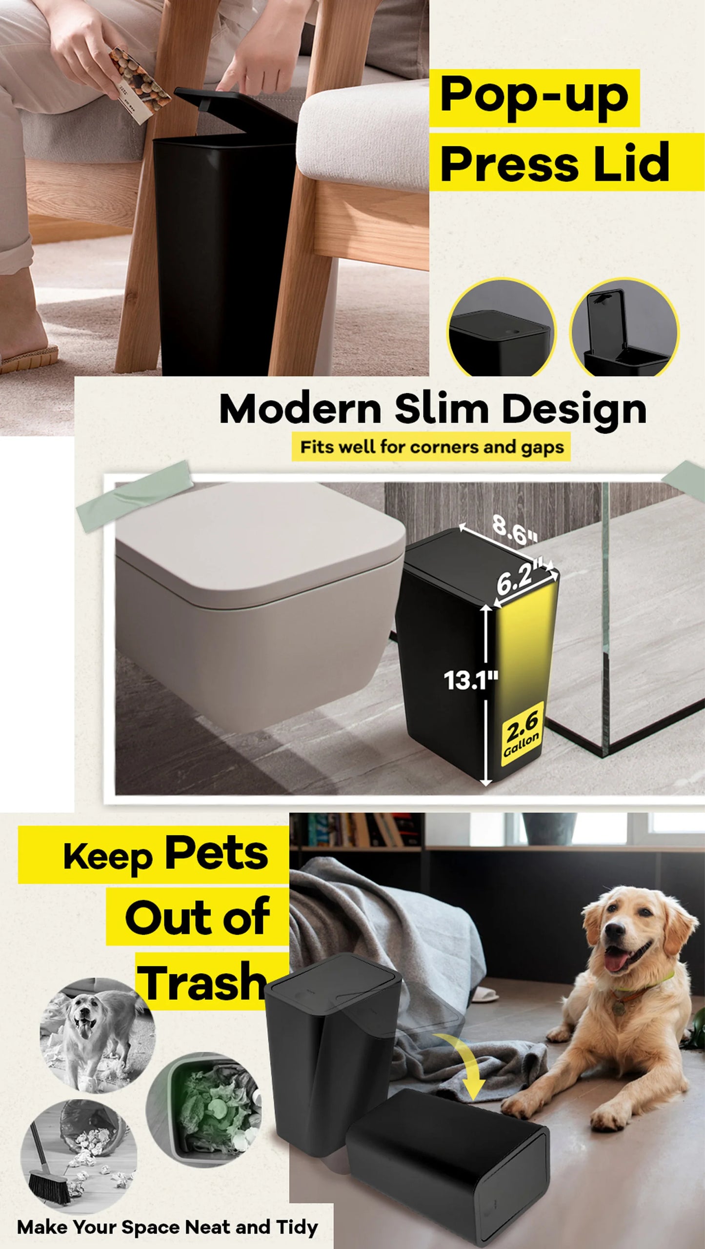 10L Bad- und Haushalts-Mülleimer mit Druckdeckel – Geruchsdicht, Platzsparend & Modernes Design